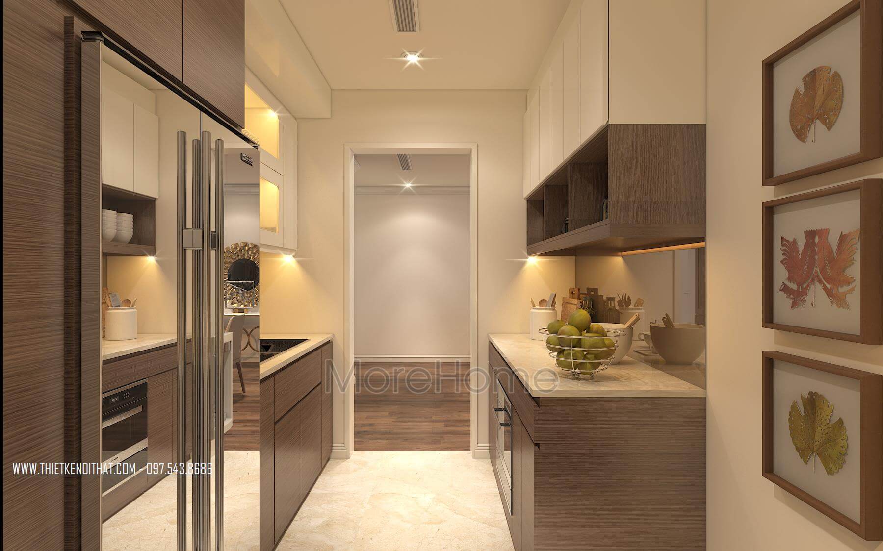 Thiết kế nội thất phòng bếp công năng với mẫu tủ bếp gỗ công nghiệp MDF có màu sắc và vân gỗ tạo sự ấm áp, thân thiện giúp các bà nội trợ thêm yêu không gian bếp của mình. Tủ bếp gỗ công nghiệp và tủ bếp acrylic